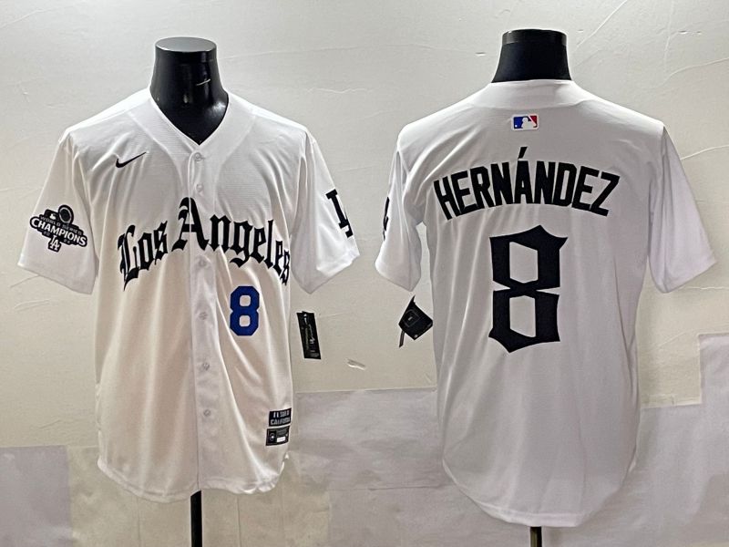 Men 2025 Los Angeles Dodgers #8 Hernandez White Five generations Joint Name Nike MLB Jersey style 5182